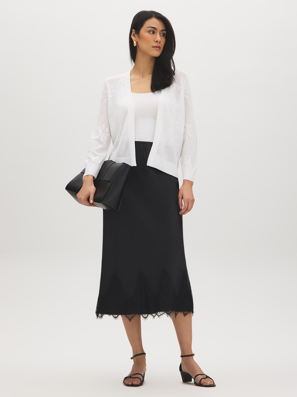 White Knit Crochet Open Cardigan Sweater - Woman Wearing Lightweight Layer - Suzy Shier