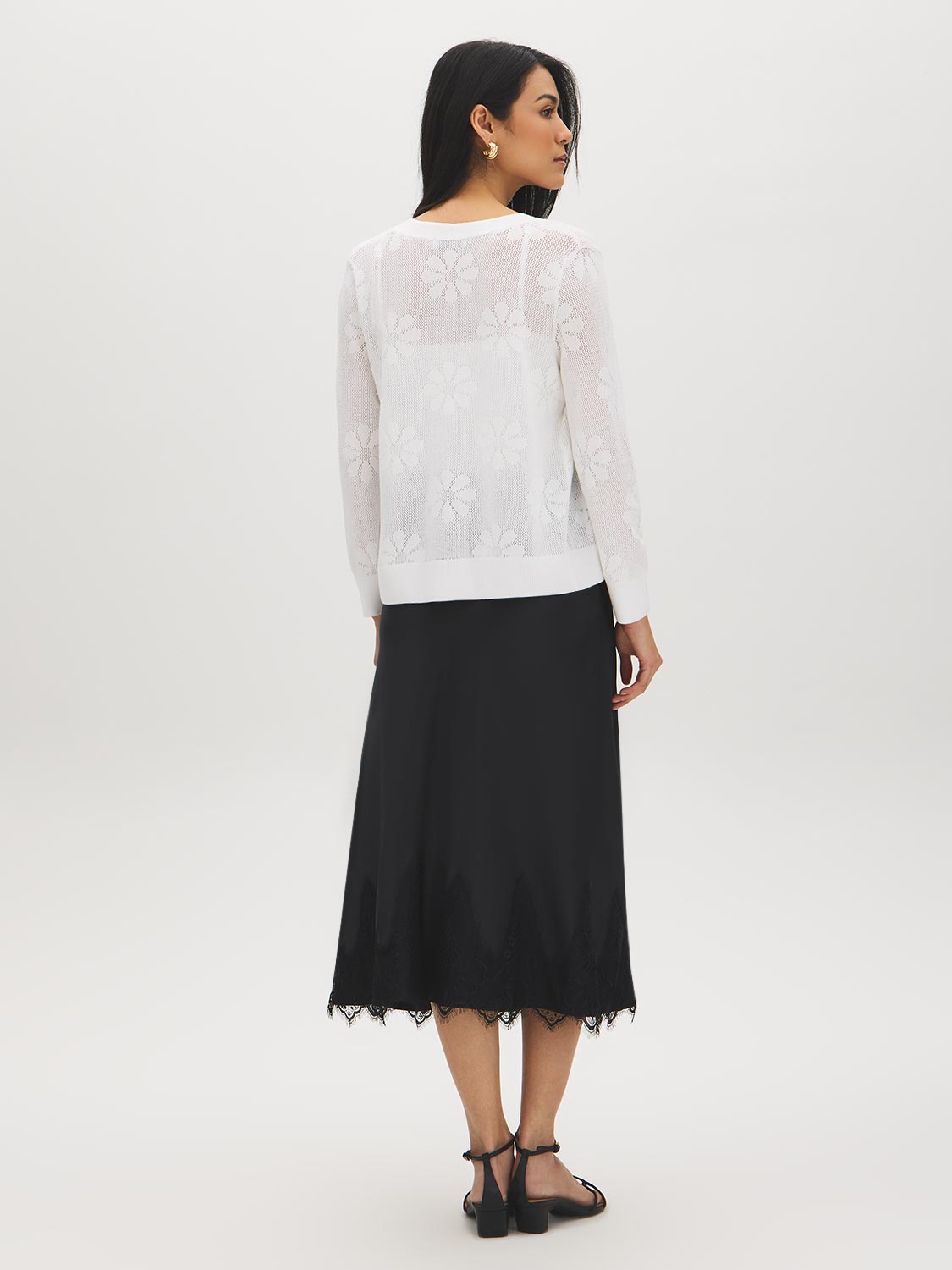 White Knit Crochet Open Cardigan Sweater - Woman Wearing Lightweight Layer - Suzy Shier