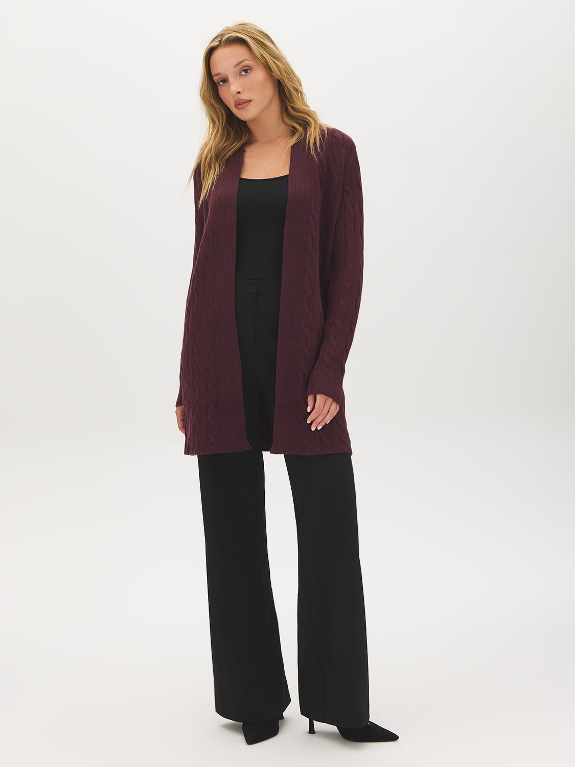 Merlot Long Cable Knit Open Cardigan - Woman Wearing Textured Knit Sweater - Suzy Shier