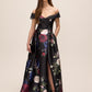 Black Bordeaux Strapless Floral Ballgown - Woman Wearing Elegant Evening Dress with Pleat Detail - Le Chateau
