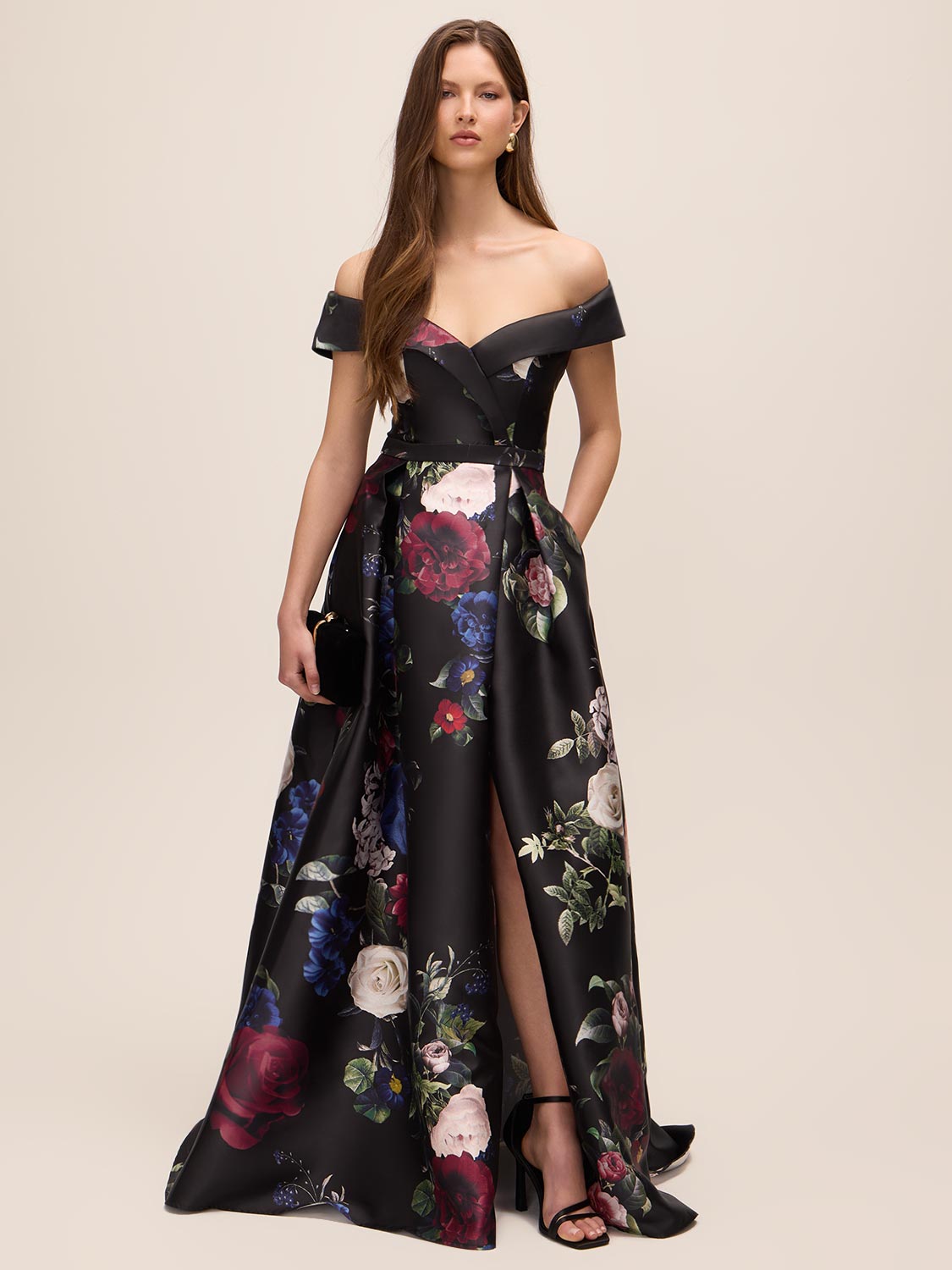 Black Bordeaux Strapless Floral Ballgown - Woman Wearing Elegant Evening Dress with Pleat Detail - Le Chateau