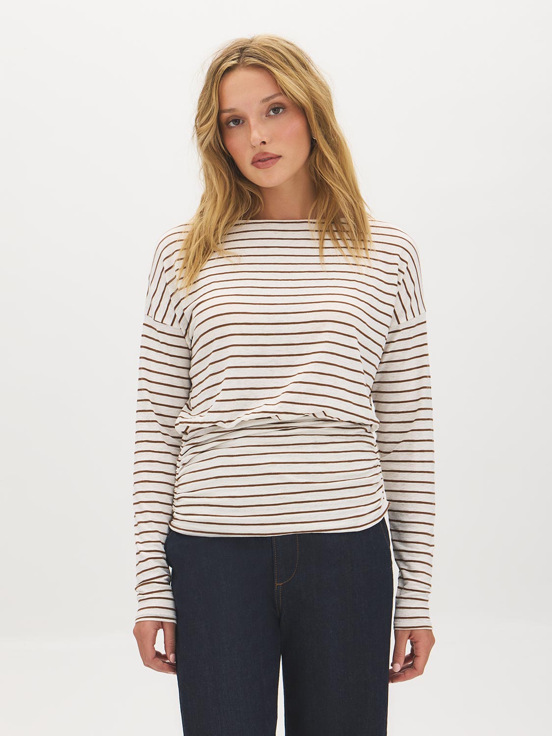 Bison/Snow White Striped Boat Neck Knit Top - Woman Wearing Long Sleeve Striped Top - Suzy Shier