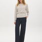 Bison/Snow White Striped Boat Neck Knit Top - Woman Wearing Long Sleeve Striped Top - Suzy Shier