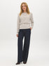 Bison/Snow White Striped Boat Neck Knit Top - Woman Wearing Long Sleeve Striped Top - Suzy Shier