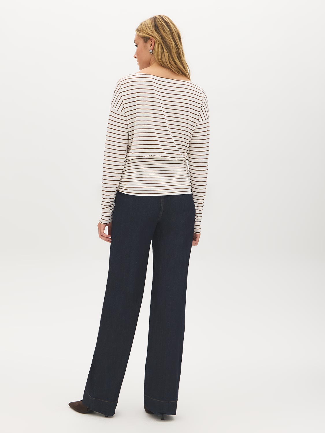 Bison/Snow White Striped Boat Neck Knit Top - Woman Wearing Long Sleeve Striped Top - Suzy Shier