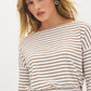 Bison/Snow White Striped Boat Neck Knit Top - Woman Wearing Long Sleeve Striped Top - Suzy Shier
