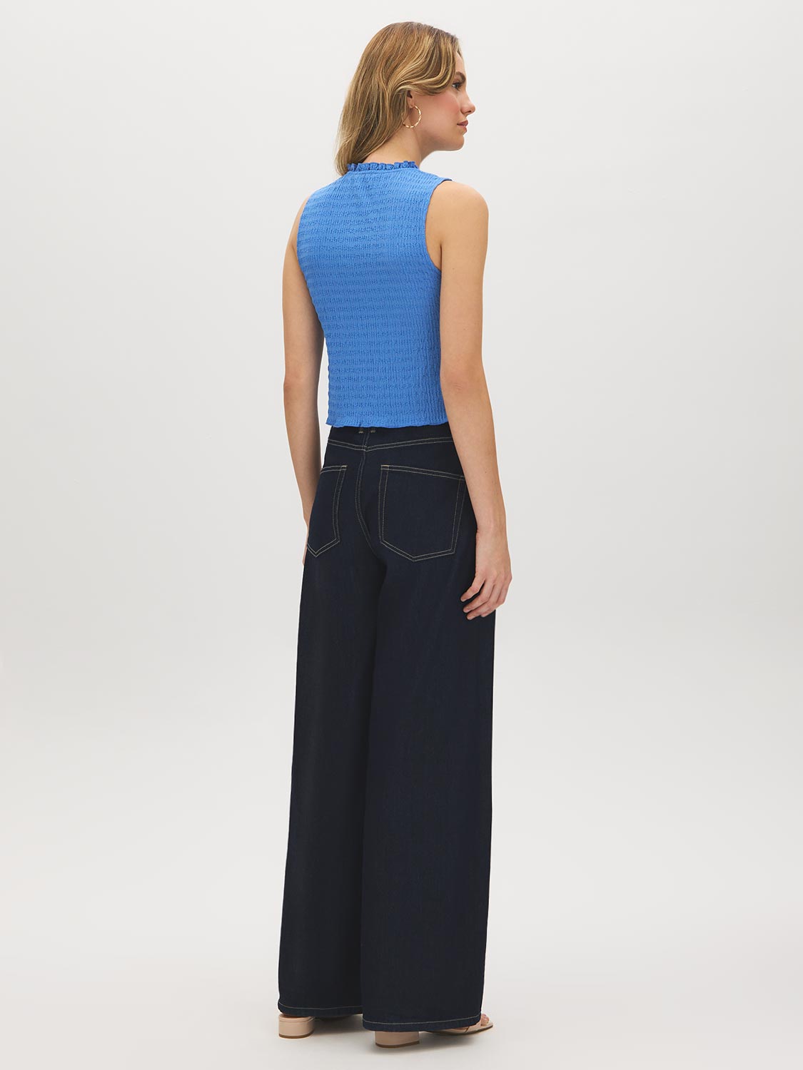 Blue Yonder Sleeveless Smocked Knit Top - Woman Wearing Textured Knit Top - Suzy Shier