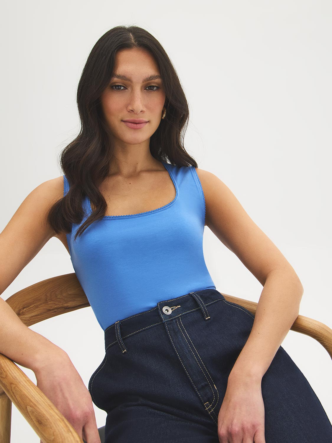 White Picot-Trimmed Square Neck Tank Top - Woman Wearing Jersey Tank - Suzy Shier