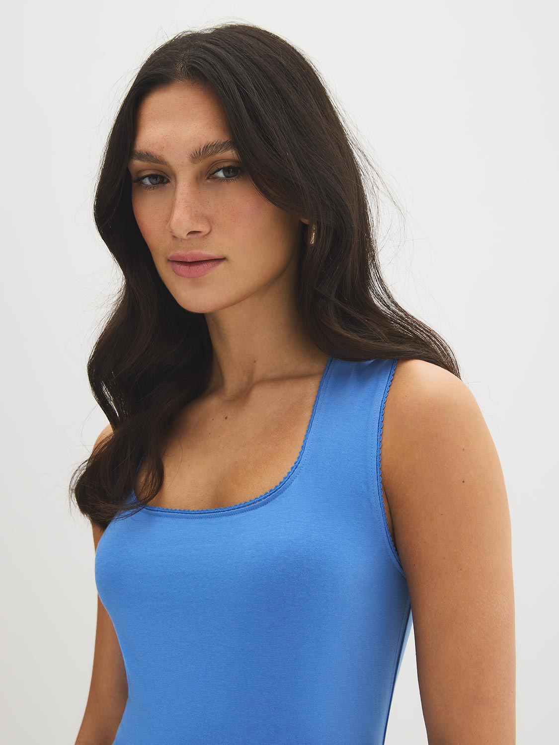 White Picot-Trimmed Square Neck Tank Top - Woman Wearing Jersey Tank - Suzy Shier