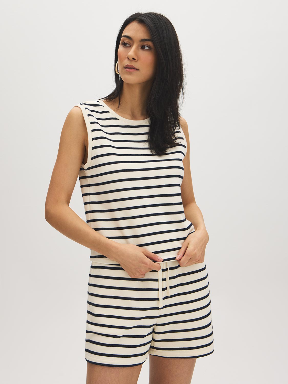 Snow White and Naval Academy Stripe French Terry Sleeveless Top - Woman Wearing Striped Knit Top - Suzy Shier