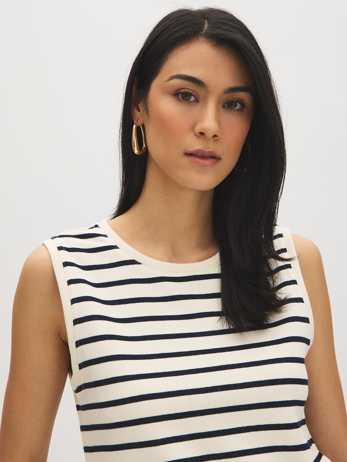 Snow White and Naval Academy Stripe French Terry Sleeveless Top - Woman Wearing Striped Knit Top - Suzy Shier