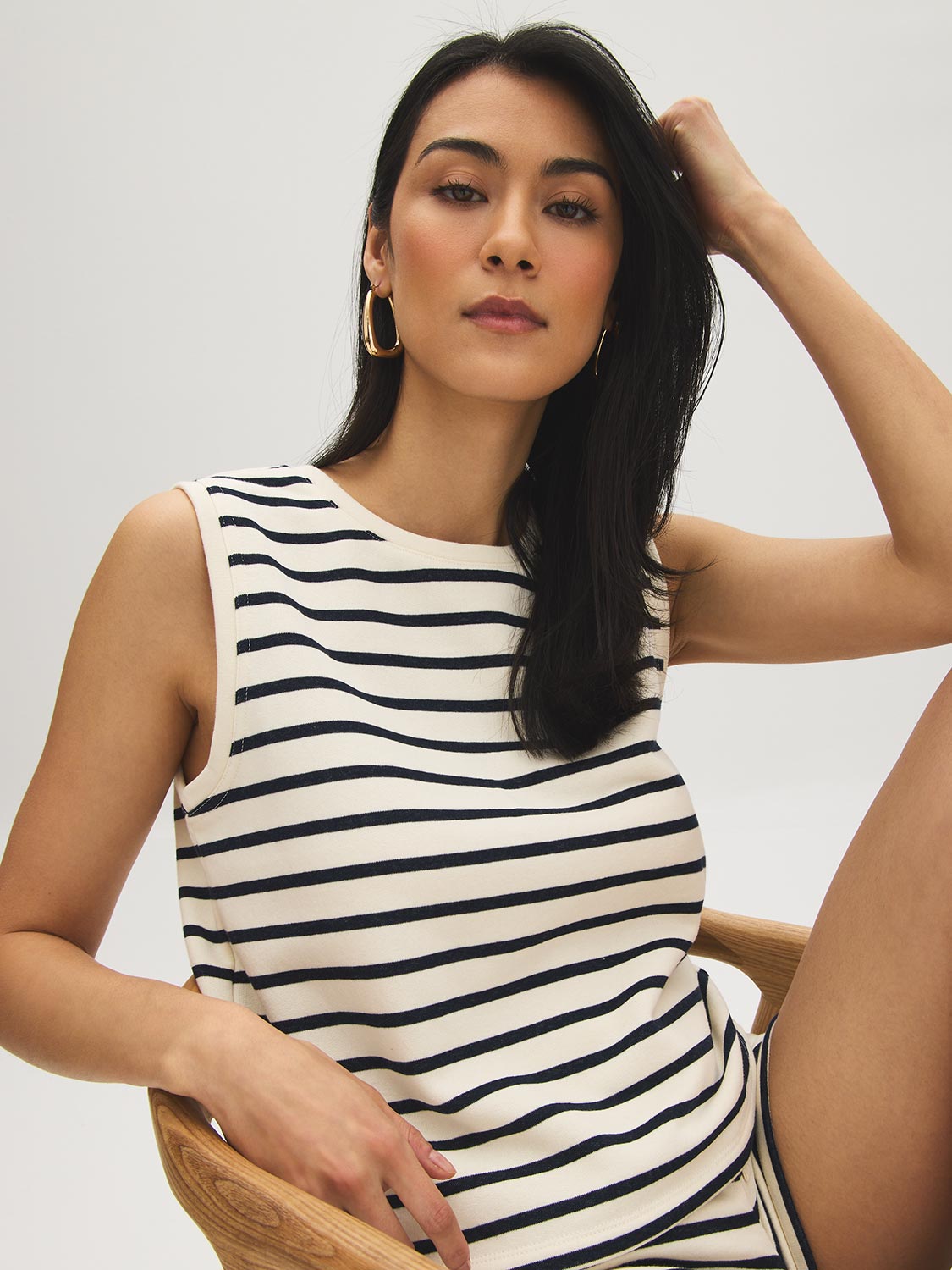 Snow White and Naval Academy Stripe French Terry Sleeveless Top - Woman Wearing Striped Knit Top - Suzy Shier