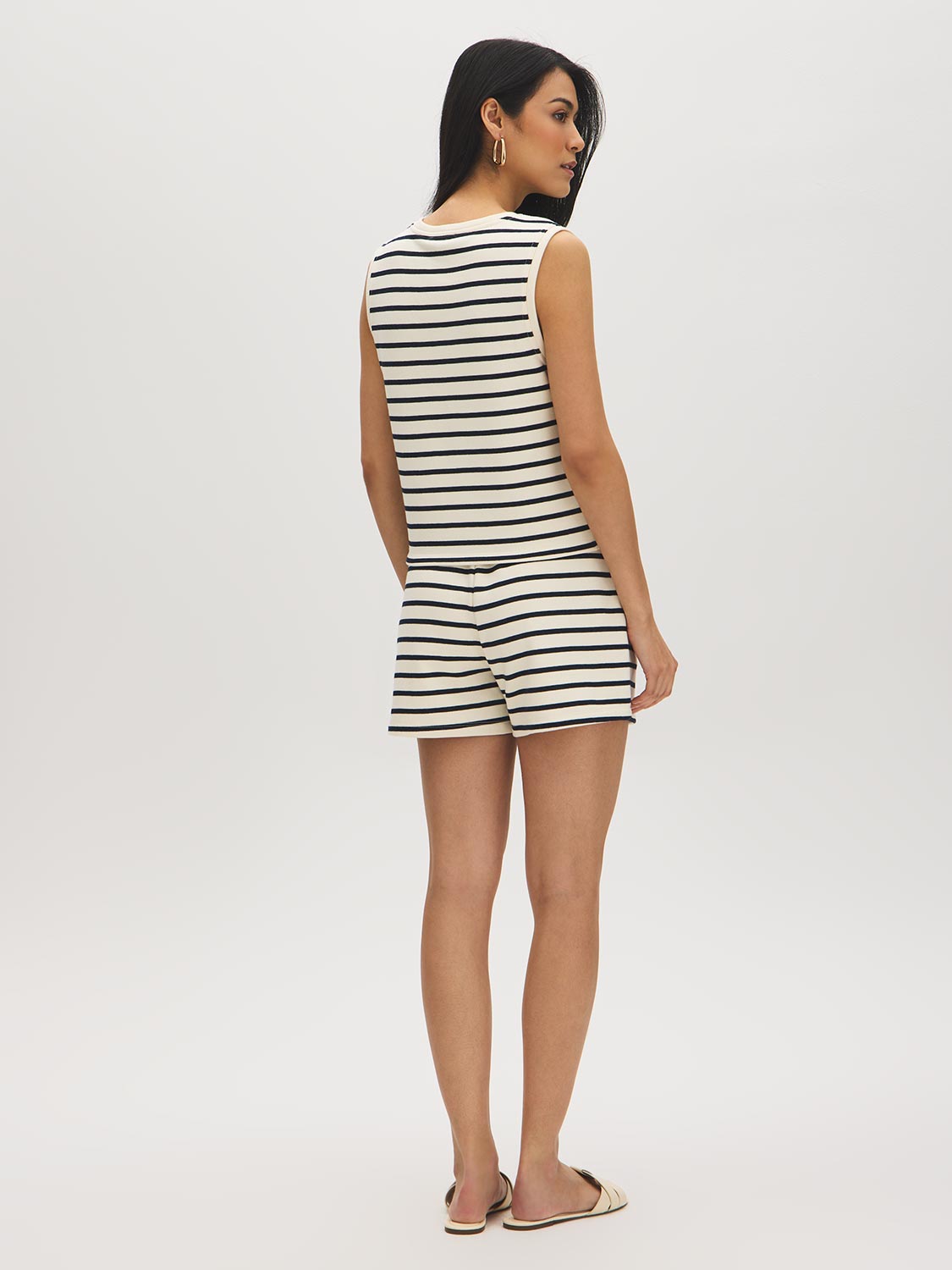 Snow White and Naval Academy Stripe French Terry Sleeveless Top - Woman Wearing Striped Knit Top - Suzy Shier