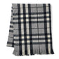 Grey/Black Plaid Scarf with Fringes - Close-up of Woven Texture and Fringe Detail - Suzy Shier