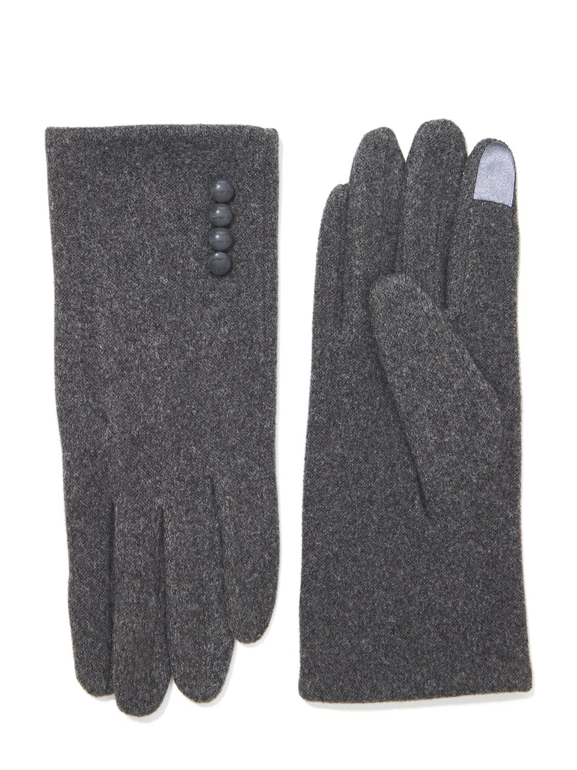 Charcoal iTouch Knit Gloves with Button Detail - Close-up of Button and iTouch Fingertips - Suzy Shier