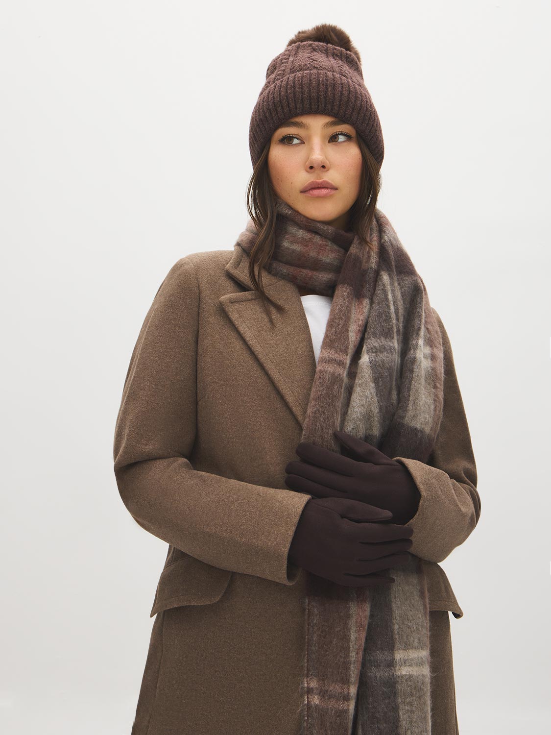Brown iTouch Knit Gloves with Button Detail - Front and Back View - Suzy Shier