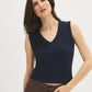 White Sleeveless Rib Jersey V-Neck Tank Top - Woman Wearing Fitted V-Neck Tank - Suzy Shier