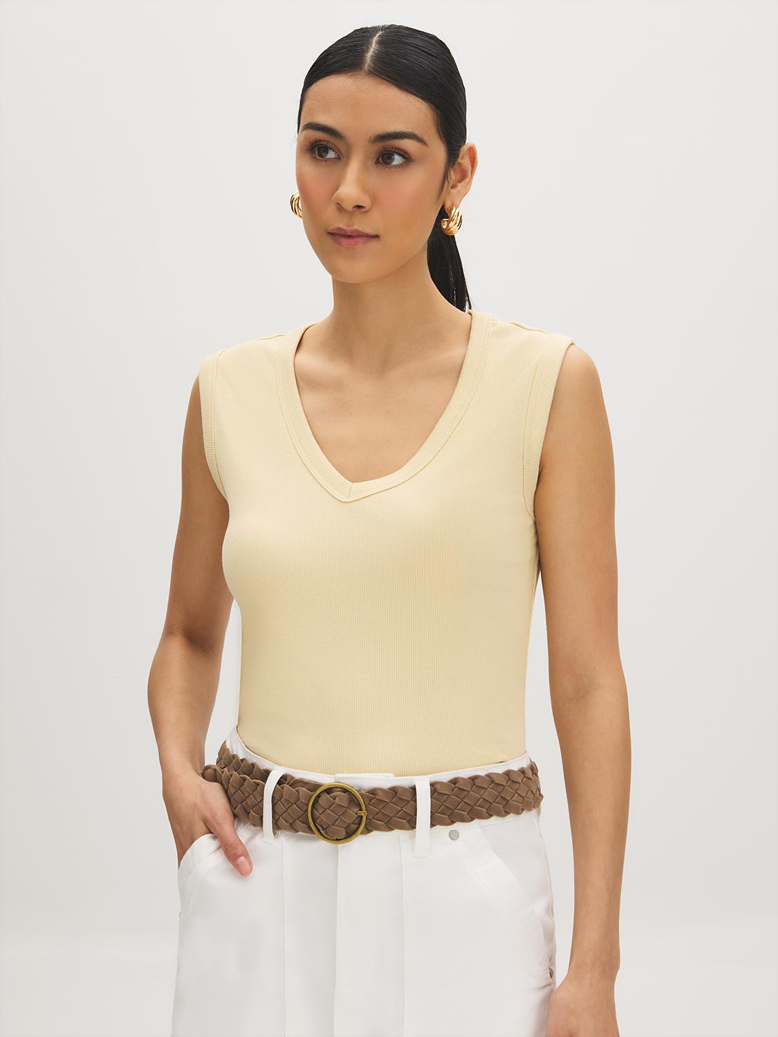 White Sleeveless Rib Jersey V-Neck Tank Top - Woman Wearing Fitted V-Neck Tank - Suzy Shier