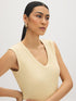 White Sleeveless Rib Jersey V-Neck Tank Top - Woman Wearing Fitted V-Neck Tank - Suzy Shier