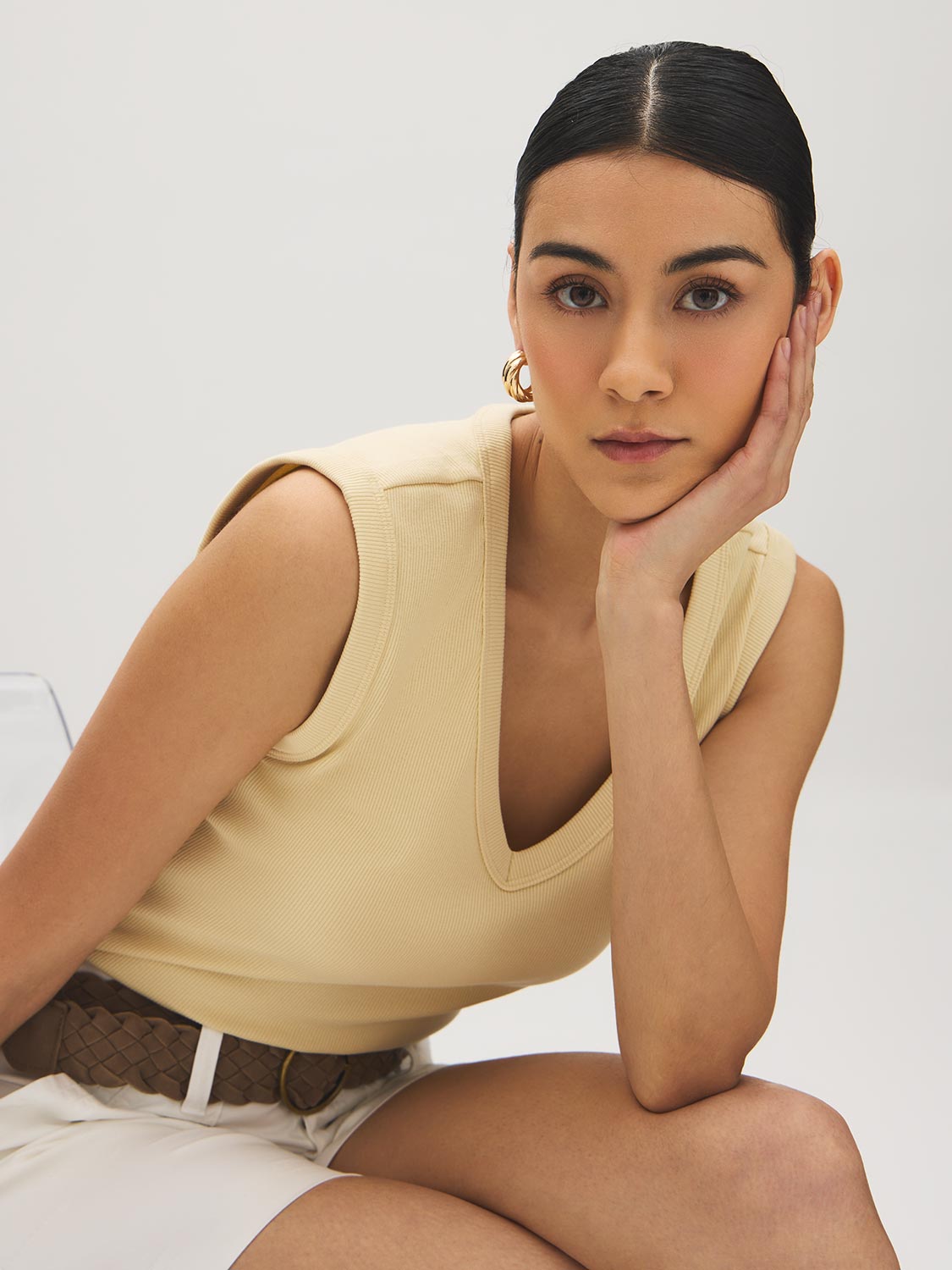 White Sleeveless Rib Jersey V-Neck Tank Top - Woman Wearing Fitted V-Neck Tank - Suzy Shier