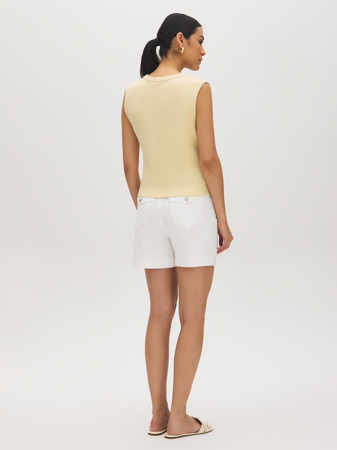 White Sleeveless Rib Jersey V-Neck Tank Top - Woman Wearing Fitted V-Neck Tank - Suzy Shier
