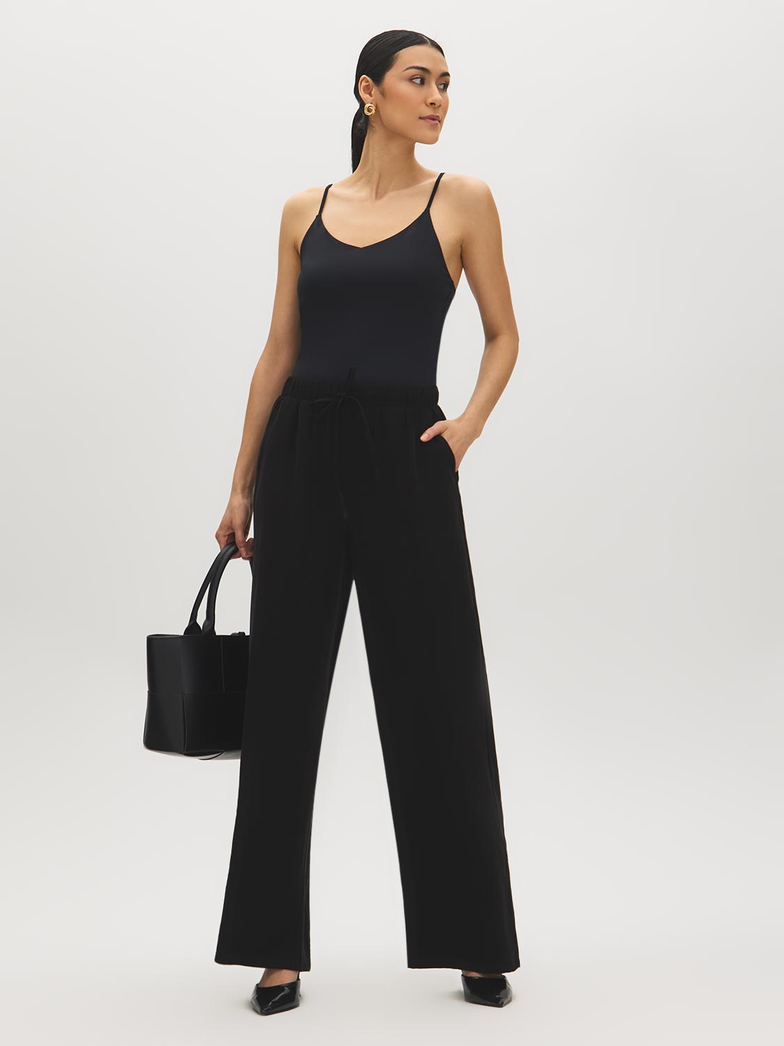 Black V-Neck Jersey Tank Top - Woman Wearing Soft Jersey Spaghetti Strap Top - Suzy Shier