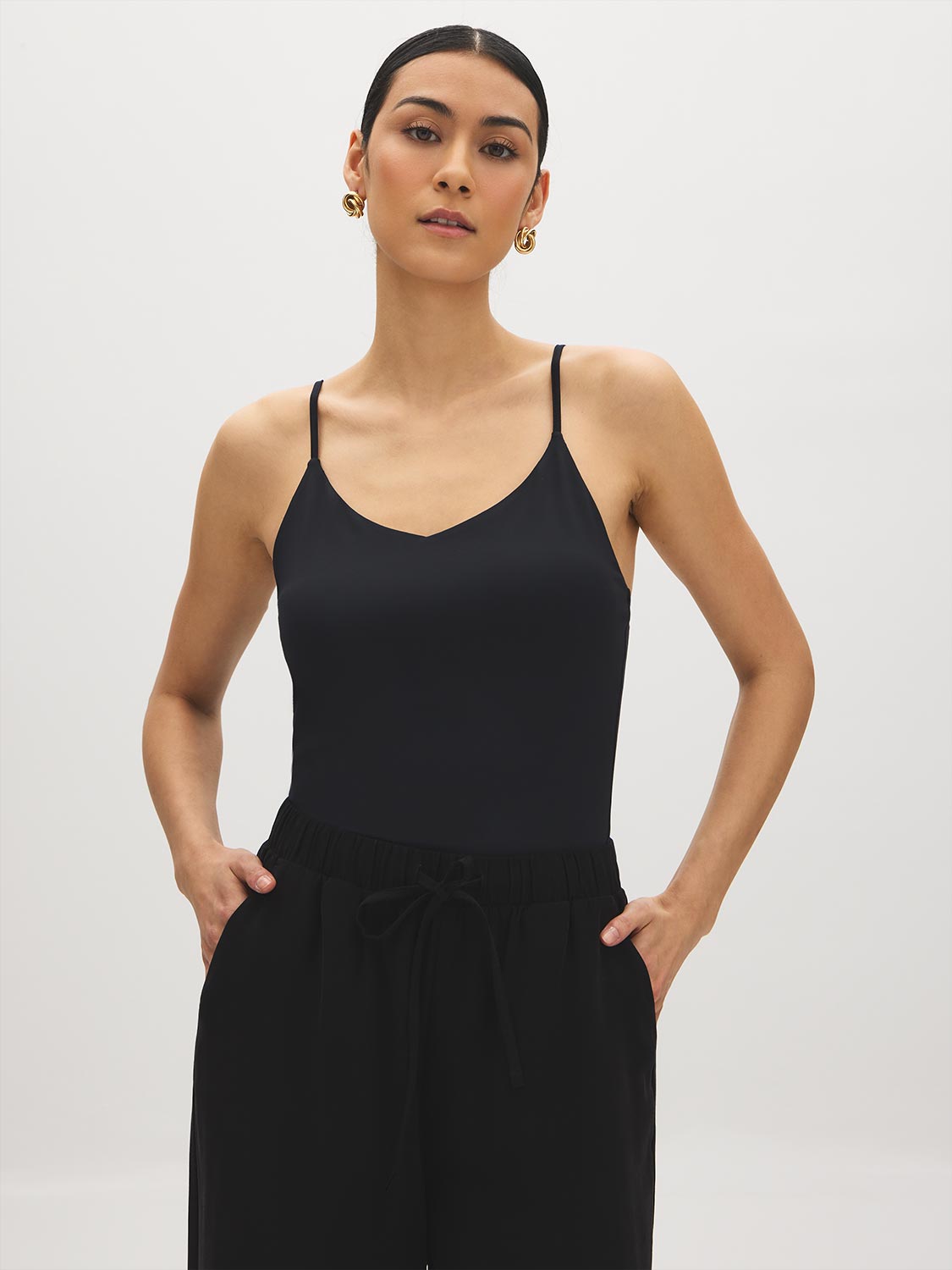 Black V-Neck Jersey Tank Top - Woman Wearing Soft Jersey Spaghetti Strap Top - Suzy Shier
