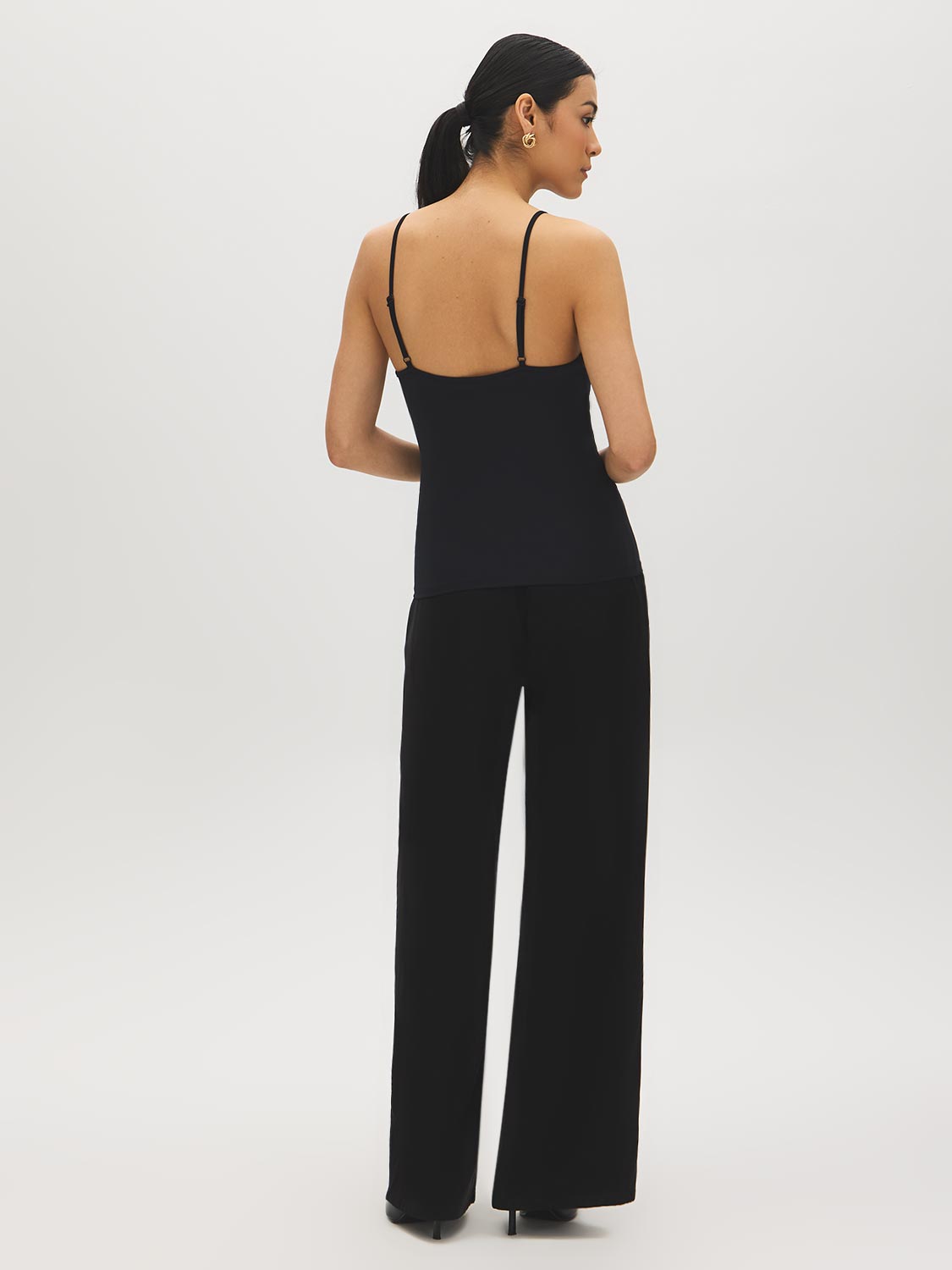 Black V-Neck Jersey Tank Top - Woman Wearing Soft Jersey Spaghetti Strap Top - Suzy Shier