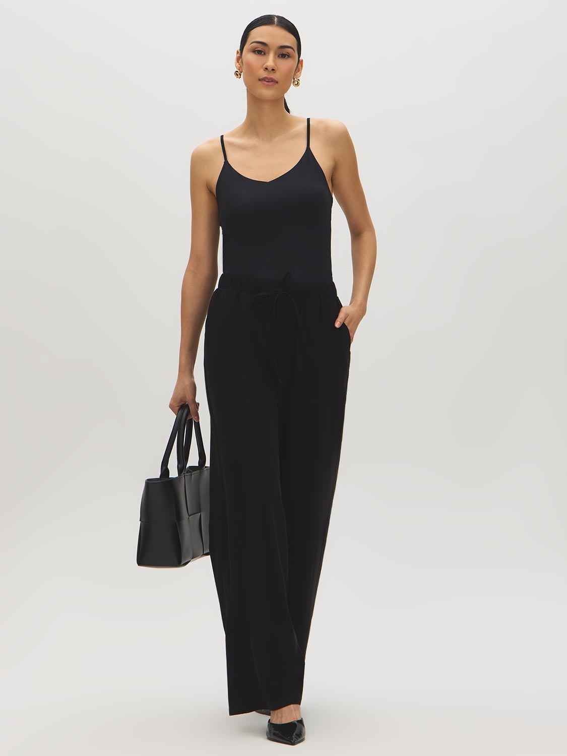 Black V-Neck Jersey Tank Top - Woman Wearing Soft Jersey Spaghetti Strap Top - Suzy Shier