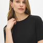Jet Black Relaxed Fit Jersey T-Shirt with Side Slits - Woman Wearing Soft Crew Neck Top - Suzy Shier