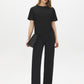 Jet Black Relaxed Fit Jersey T-Shirt with Side Slits - Woman Wearing Soft Crew Neck Top - Suzy Shier