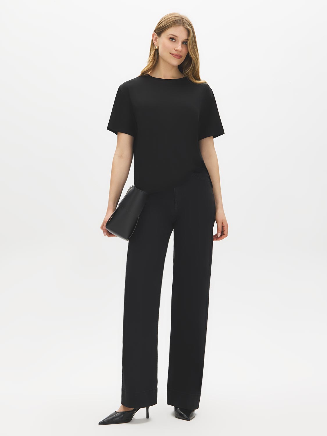 Jet Black Relaxed Fit Jersey T-Shirt with Side Slits - Woman Wearing Soft Crew Neck Top - Suzy Shier