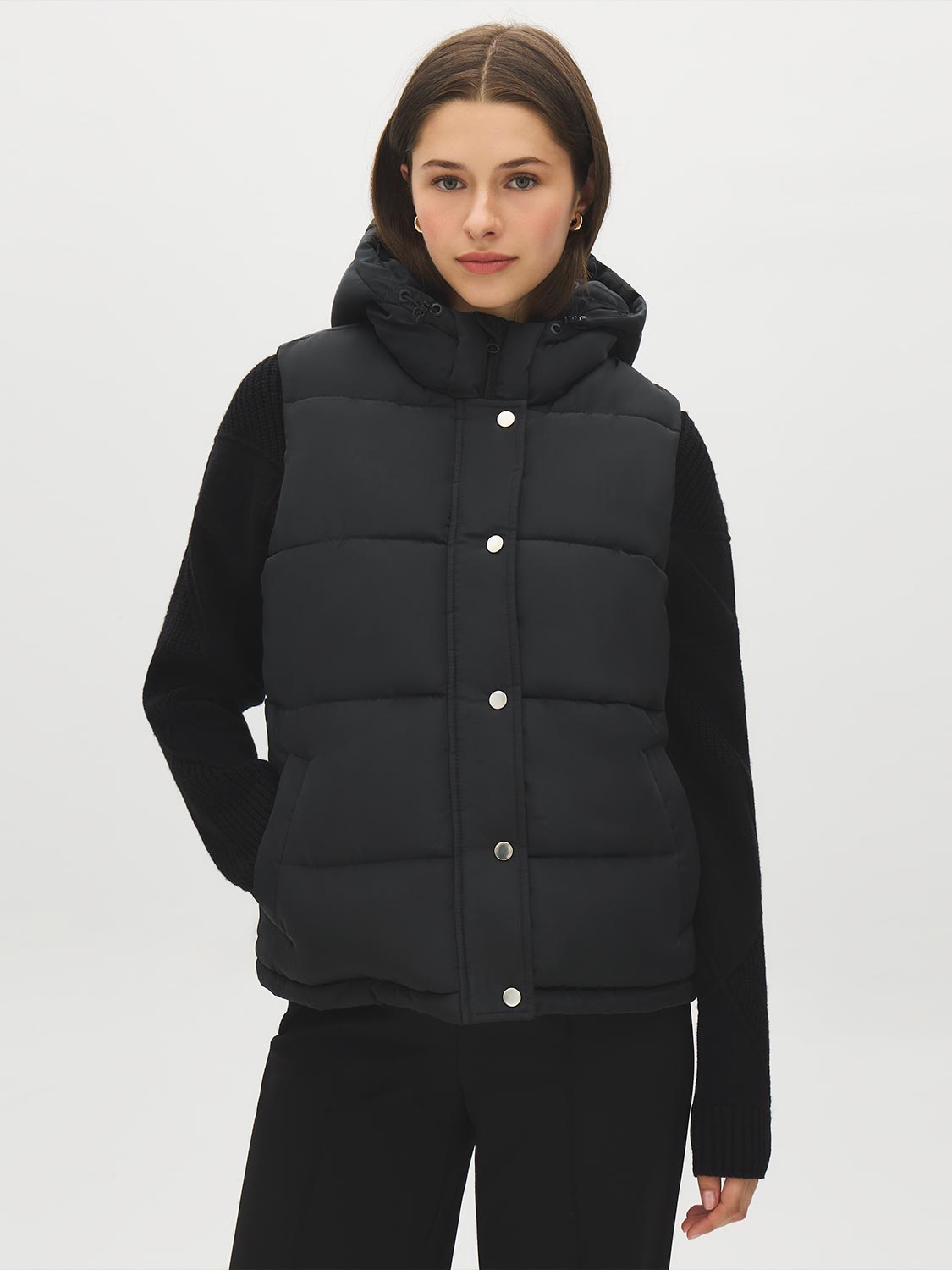 Black Quilted Puffer Vest with Hood - Woman Wearing Water-Resistant Vest - Suzy Shier