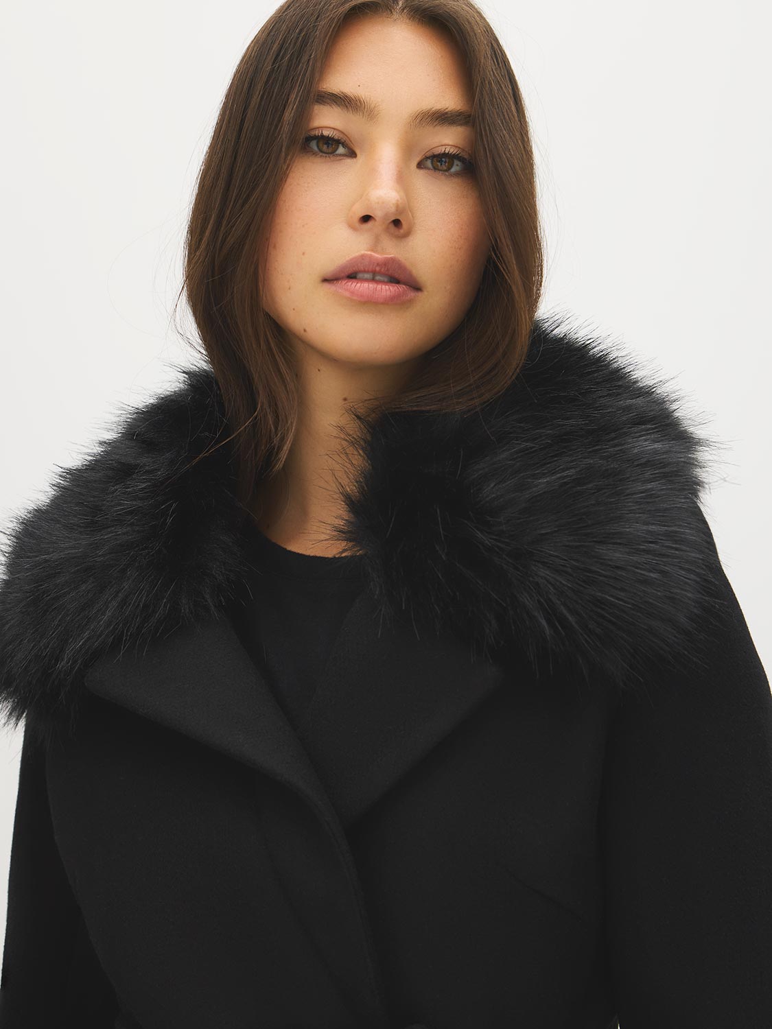 Short Removable Fur Collar Faux Wool Coat
