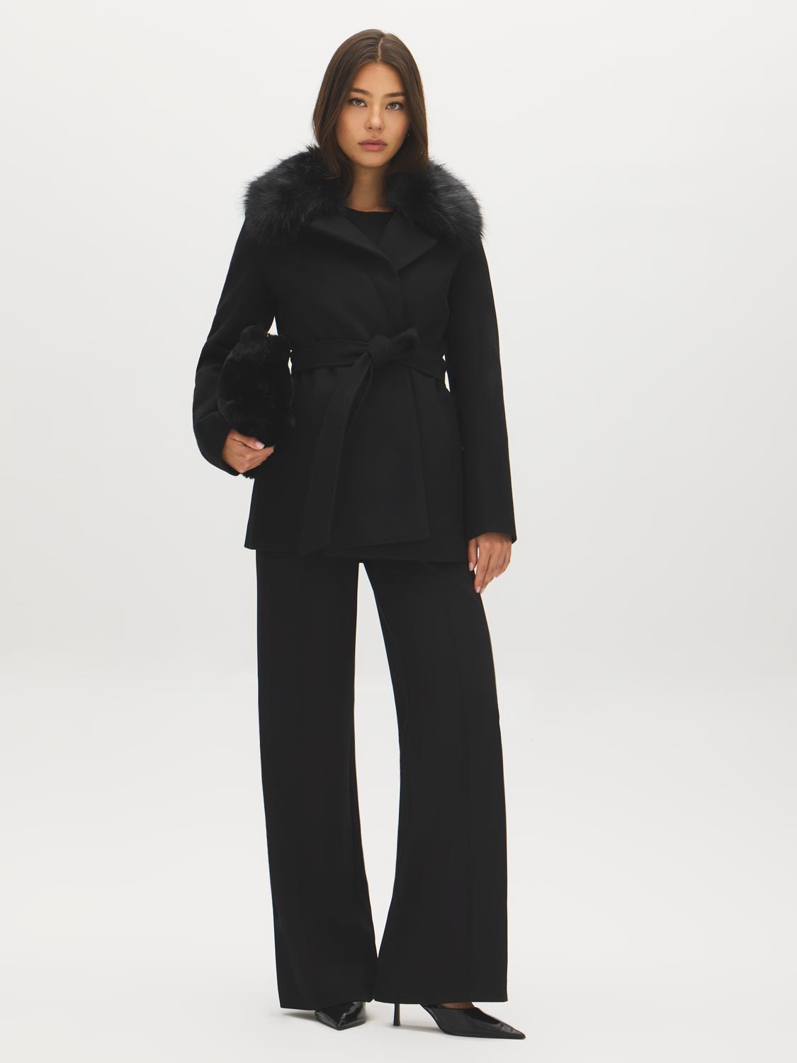 Short Removable Fur Collar Faux Wool Coat