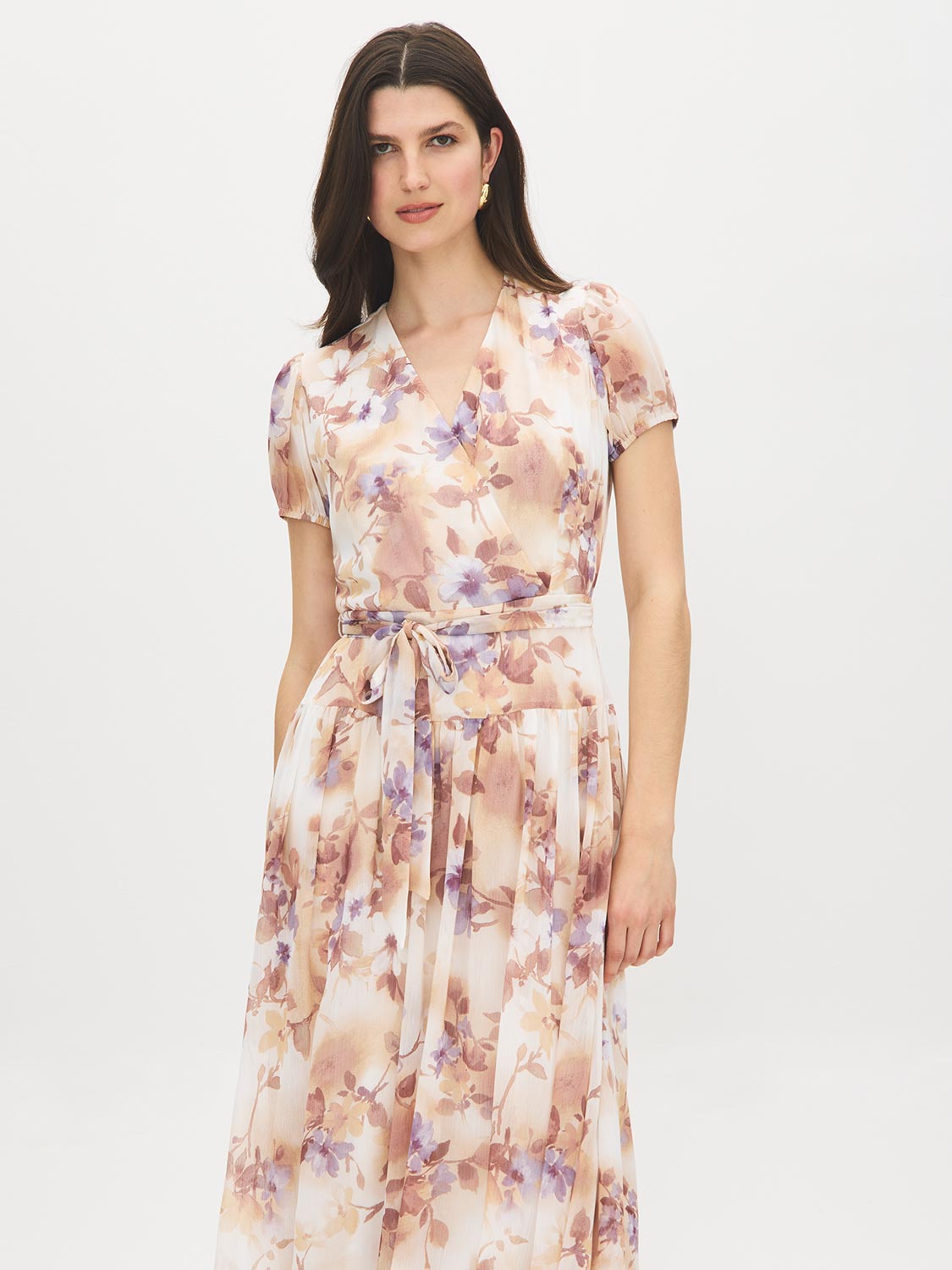 Sand Floral Print Textured Chiffon Midi Dress - Front View - Suzy Shier