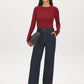 Red Snap Button Sleeve Knit Sweater - Woman Wearing Crew Neck Sweater with Sleeve Detail - Suzy Shier