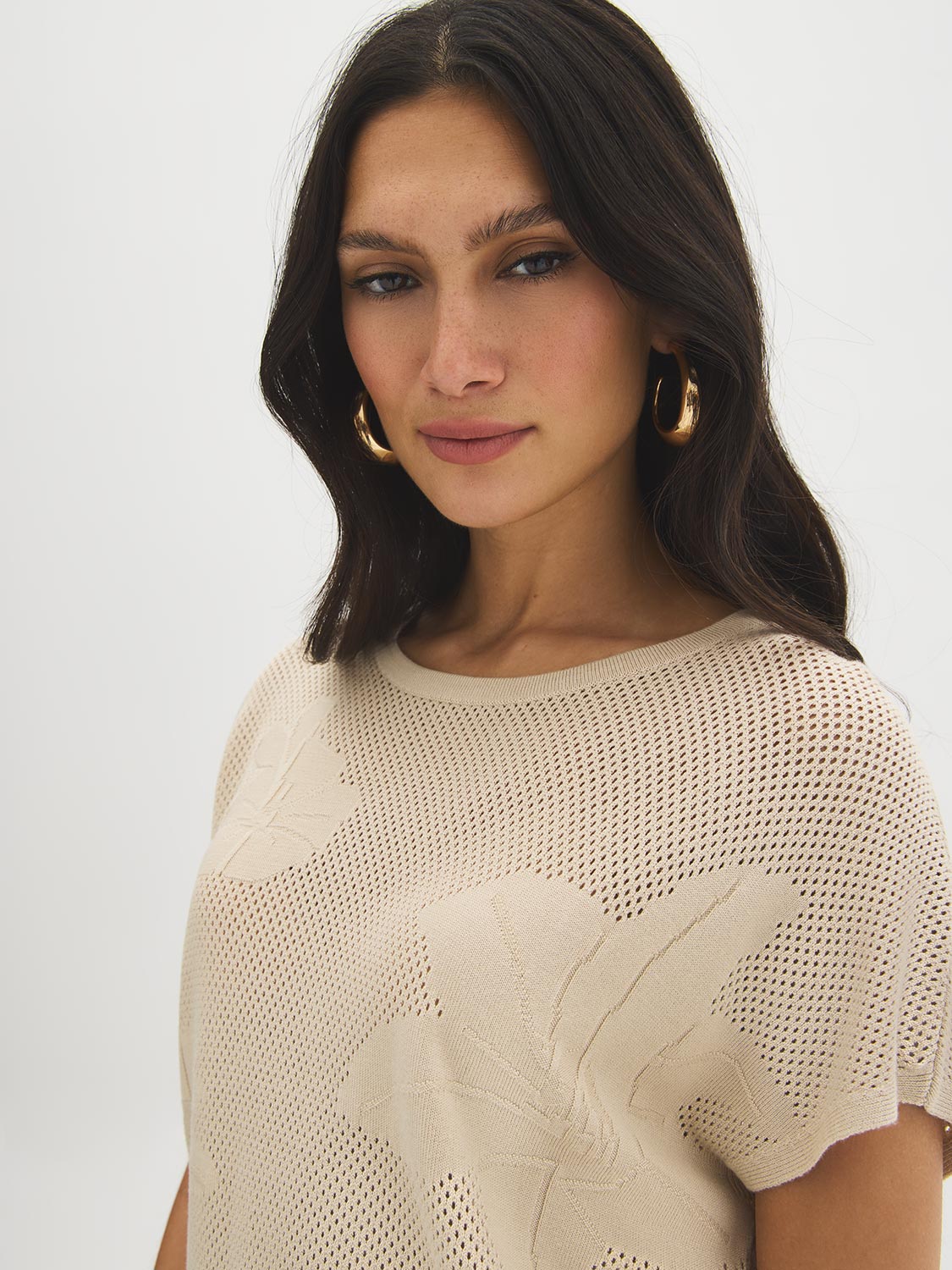 Xenon Blue Knit Crochet Sweater with Dolman Look - Woman Wearing Textured Open Weave Sweater - Suzy Shier