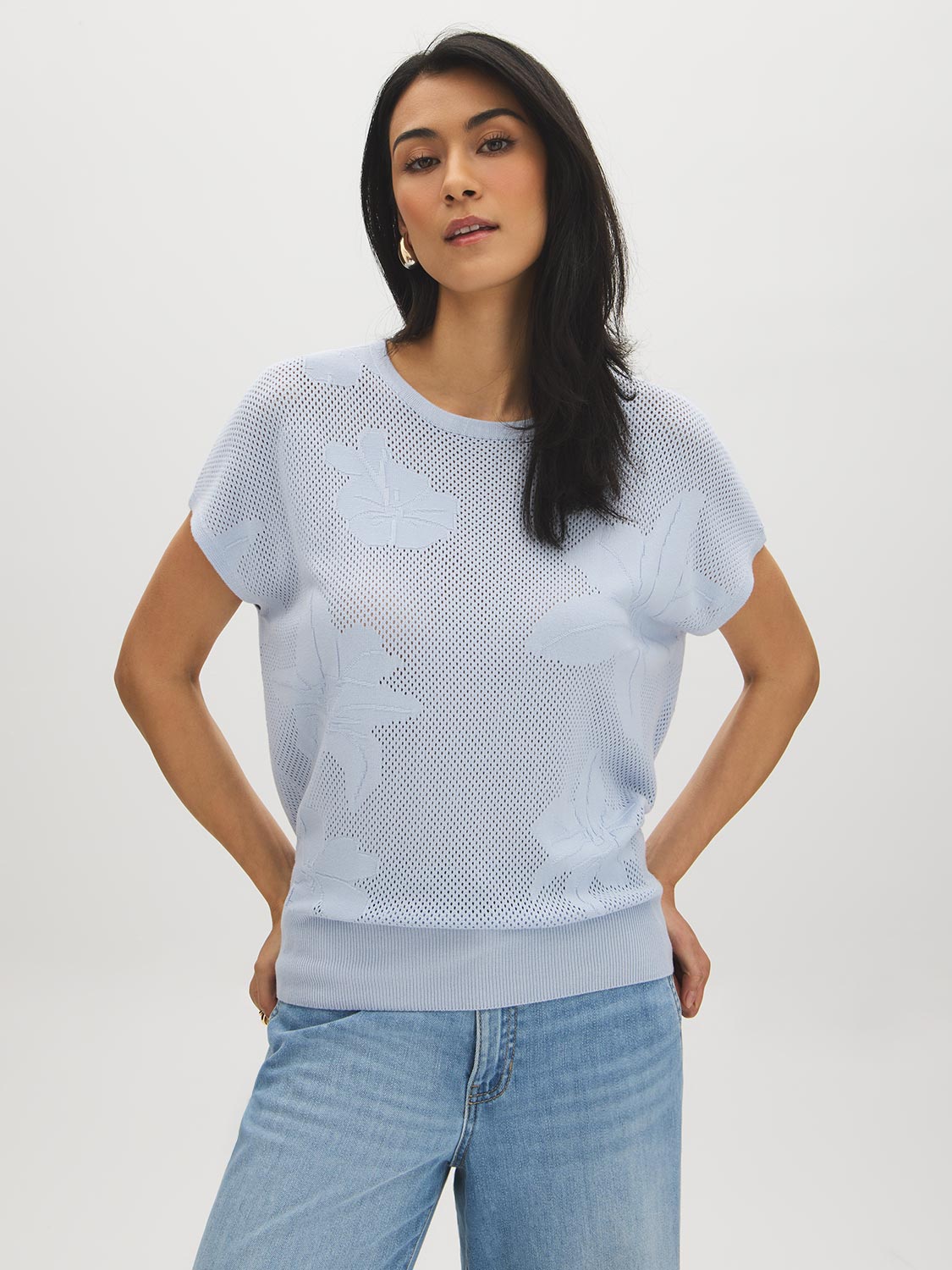 Xenon Blue Knit Crochet Sweater with Dolman Look - Woman Wearing Textured Open Weave Sweater - Suzy Shier