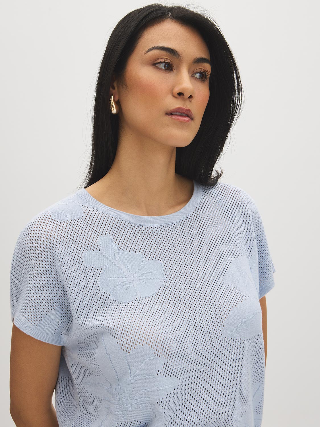 Xenon Blue Knit Crochet Sweater with Dolman Look - Woman Wearing Textured Open Weave Sweater - Suzy Shier