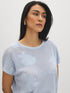 Xenon Blue Knit Crochet Sweater with Dolman Look - Woman Wearing Textured Open Weave Sweater - Suzy Shier
