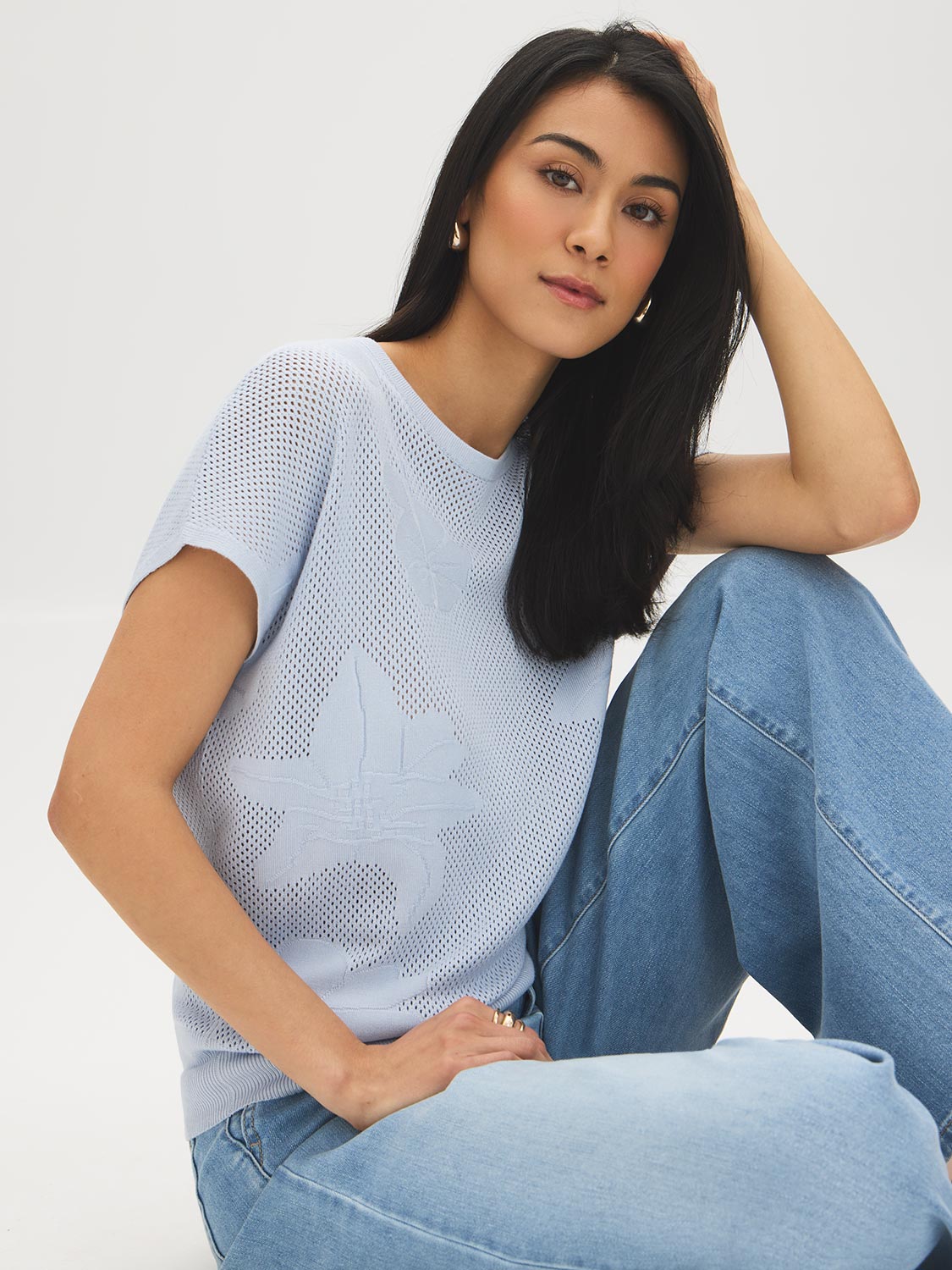 Xenon Blue Knit Crochet Sweater with Dolman Look - Woman Wearing Textured Open Weave Sweater - Suzy Shier