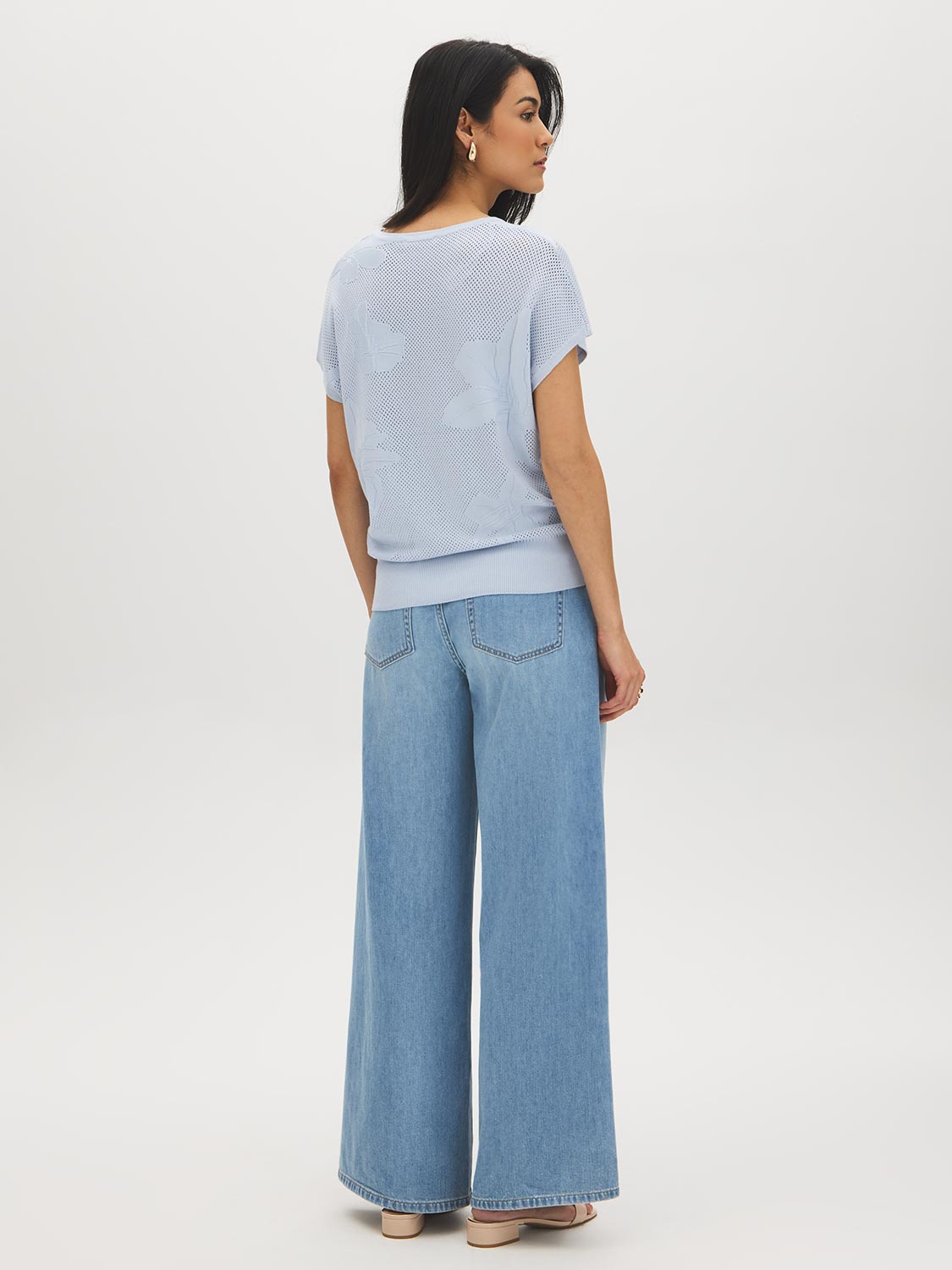 Xenon Blue Knit Crochet Sweater with Dolman Look - Woman Wearing Textured Open Weave Sweater - Suzy Shier