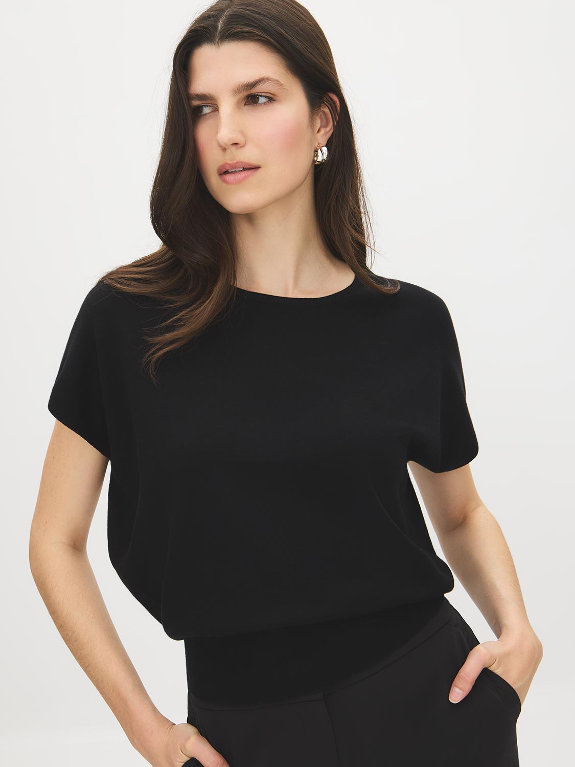Black Dolman Sleeve Crew Neck Sweater - Close-up Front View - Suzy Shier