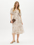 Gray Daze Floral Print Chiffon Midi Dress - Woman Wearing V-Neck Bubble Sleeve Dress - Suzy Shier