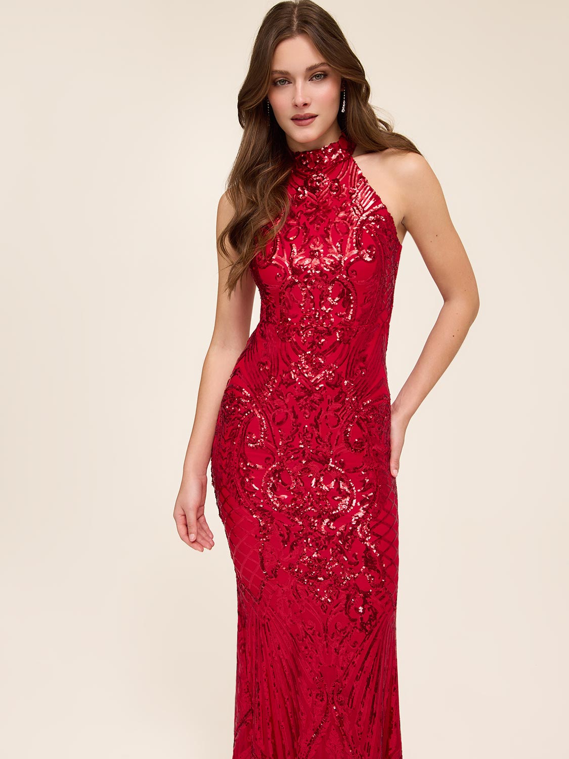 Halter Neck Sequin Gown by Le Chateau.
