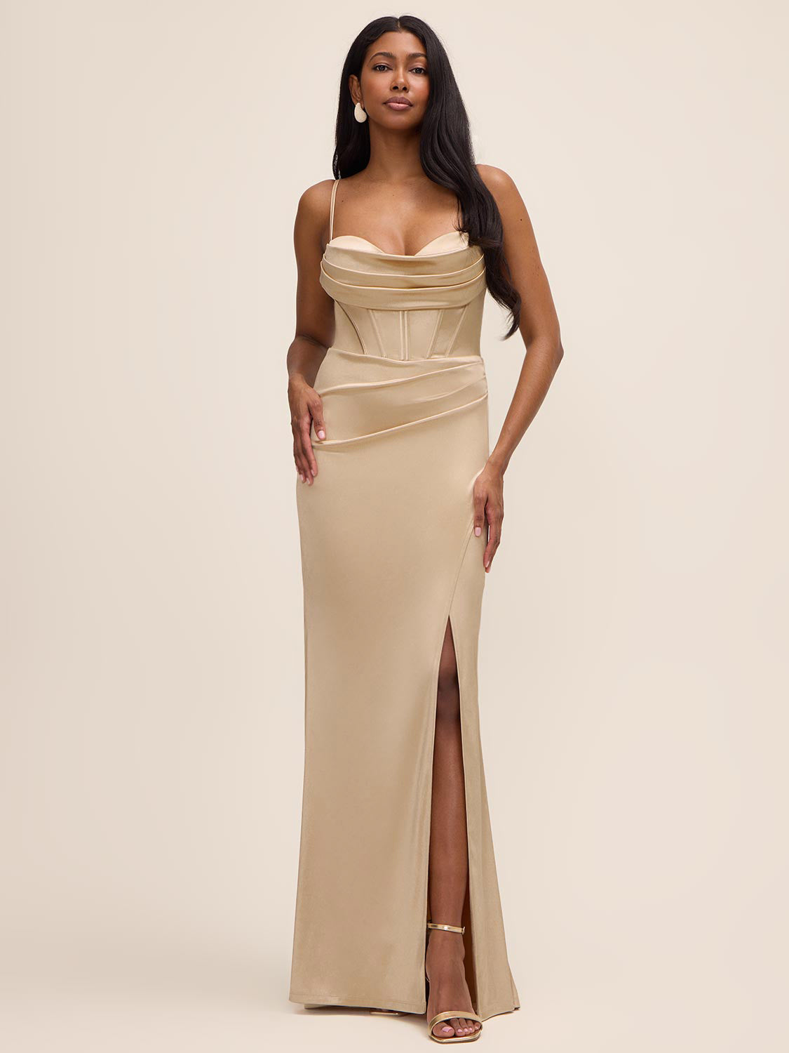 Cowl Neck Bustier Satin Gown by Le Chateau.