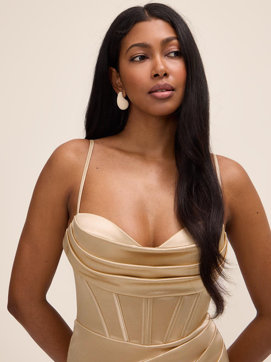 Cowl Neck Bustier Satin Gown by Le Chateau.