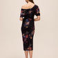 Black Floral Asymmetrical Neckline Sheath Dress - Back View - Le Chateau