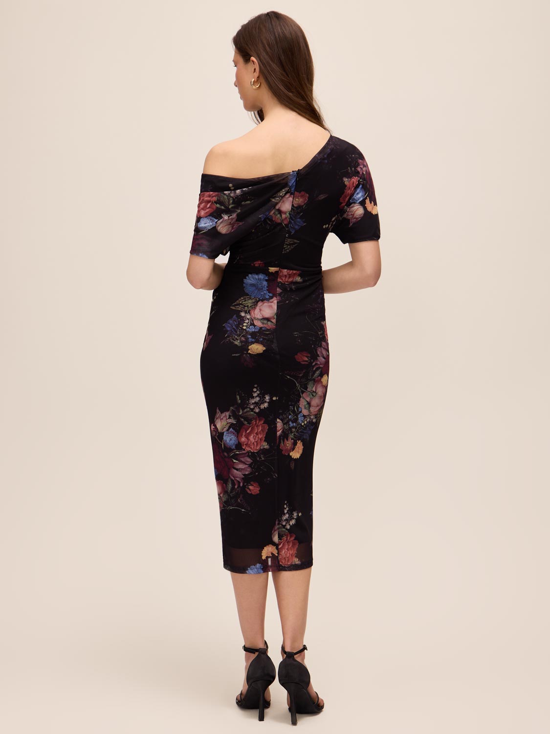 Black Floral Asymmetrical Neckline Sheath Dress - Back View - Le Chateau